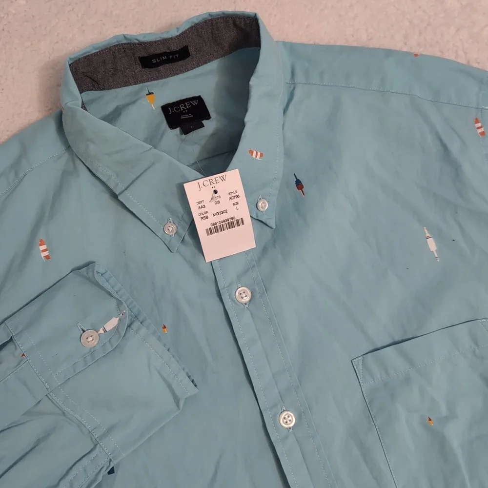 NEW J.Crew Mens Shirt L Slim Fit Buoys Nautical Aqua Blue‎ Long Sleeve Button